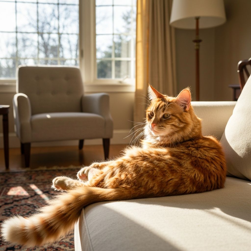 Happy indoor cat lounging comfortably